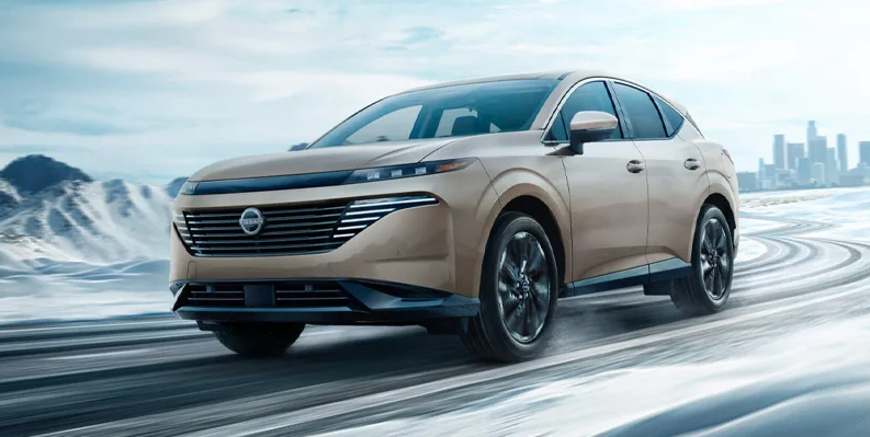 A photo of a Nissan Murano driving through the snow.