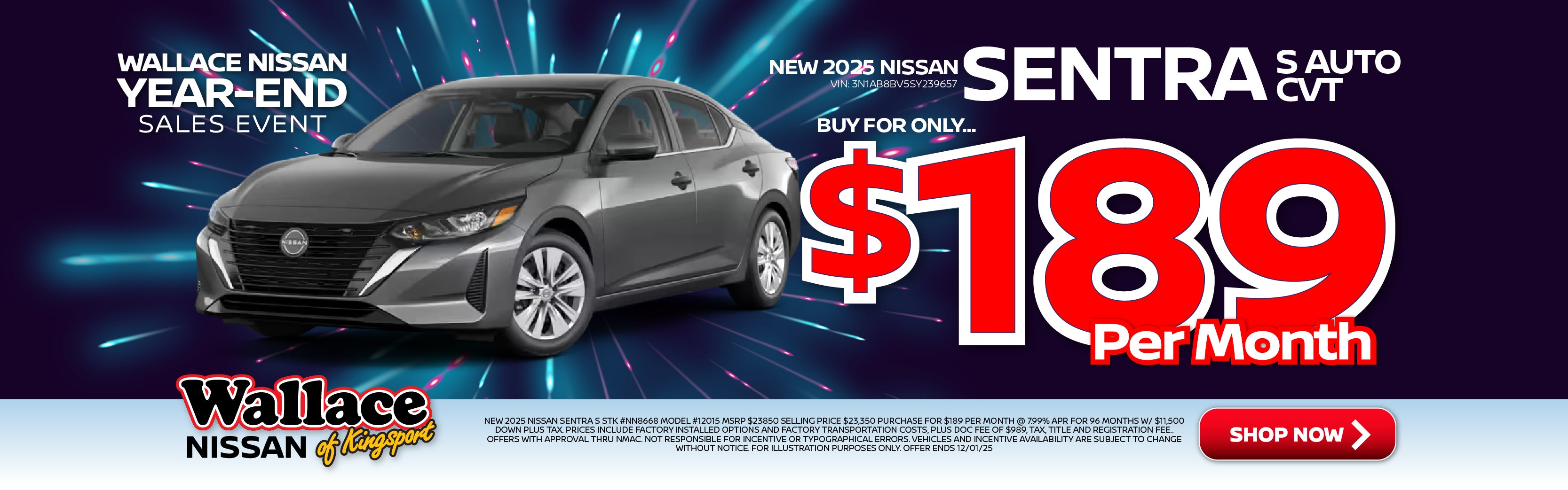 New 2025 NISSAN SENTRA S AUTO CVT $189 PER MONTH